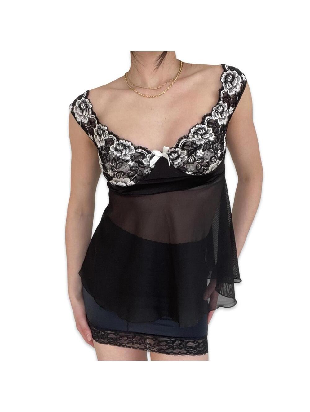 90s lace‎ Sheer Babydoll Top Size S whimsigoth coquette Sirencore Italian summer